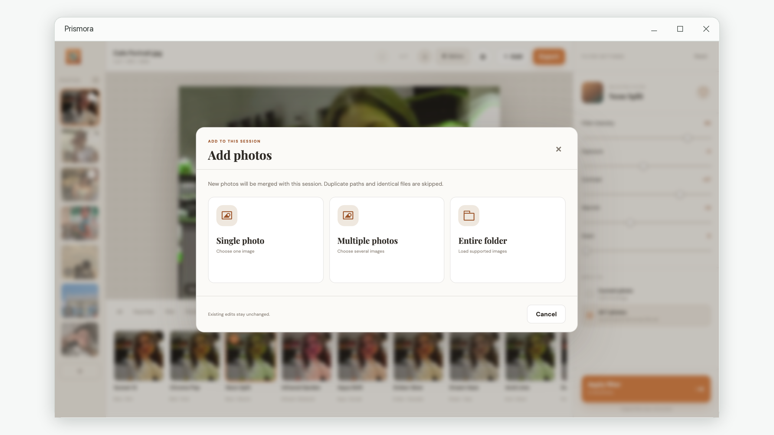 Dialog for adding a single photo, multiple photos or a folder to the current Prismora session