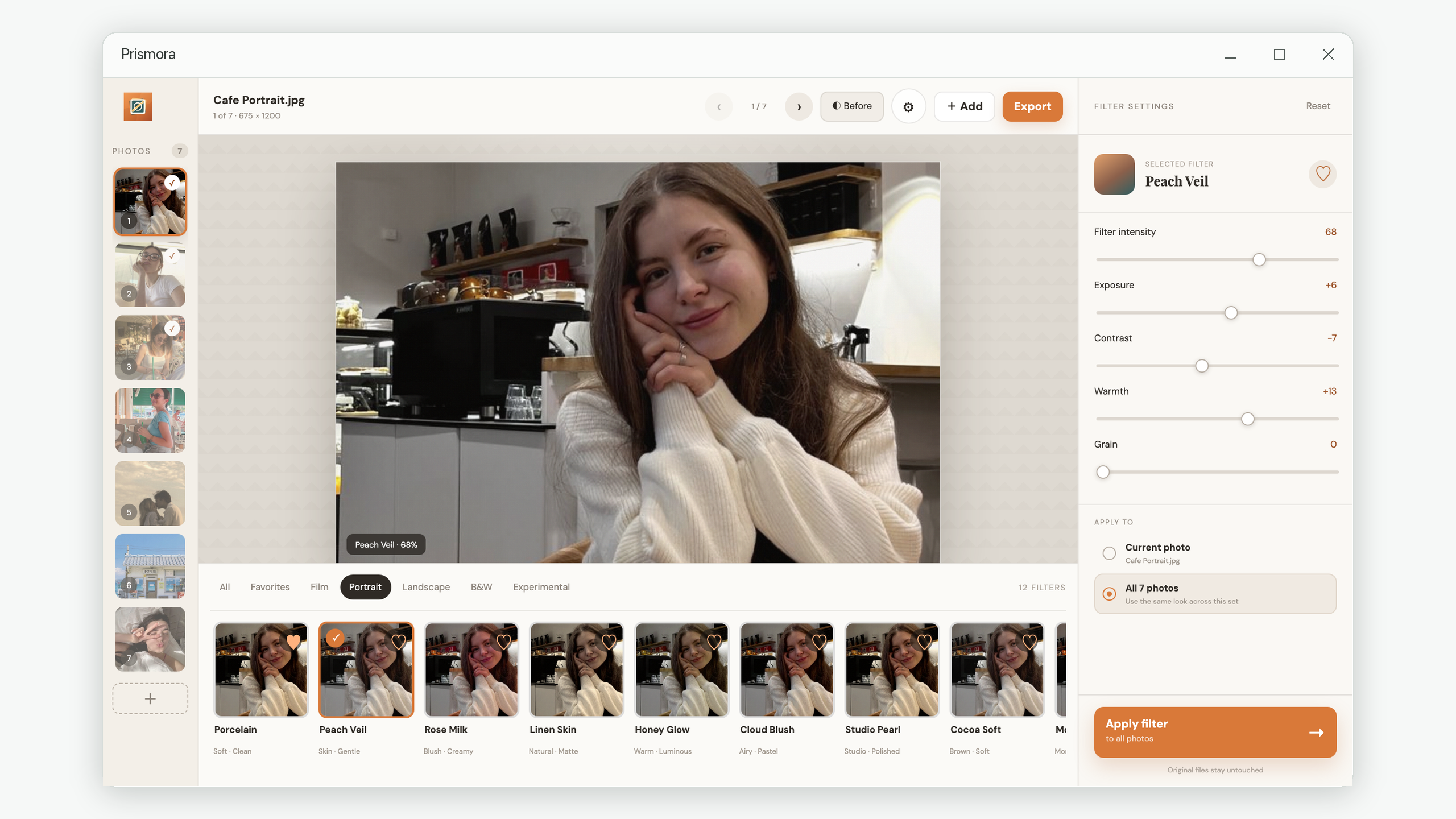 Prismora portrait filter group and adjustment controls